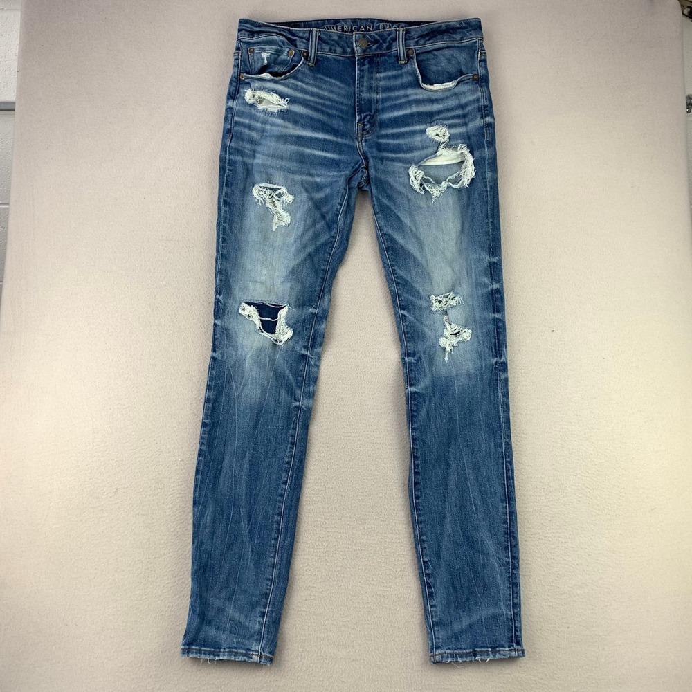 American Eagle Jeans Mens 34x36 Blue Distressed Athletic Fit Denim Preppy Grunge